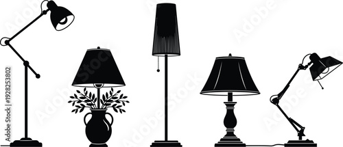 Lamp silhouette collection, floor and table lighting set, modern interior decor elements, black vector illustration, isolated design