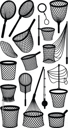 Collection of various fishing nets and baskets for outdoor activities