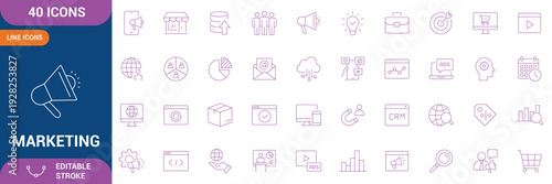 Marketing Icon Set. Containing campaign, market research, strategy, target audience, branding, advertising, digital marketing, SEO, social media and etc. Editable stroke. Vector illustration