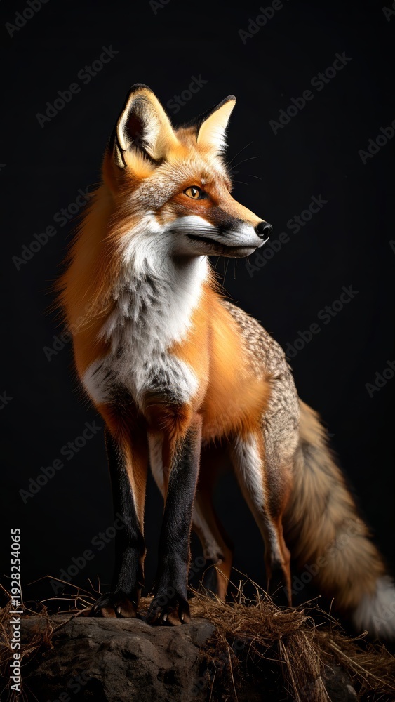 Fototapeta premium A stunning portrait of a majestic red fox in a studio setting against a dark background