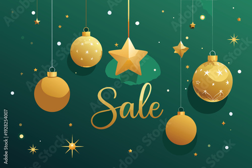 Christmas sale background with golden hanging ornaments stars and festive sparkling elements