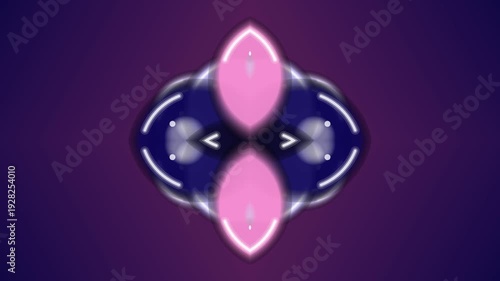 Symmetrical abstract shapes with pink ovals and silver accents on a purple gradient background illustration viewed from directly above