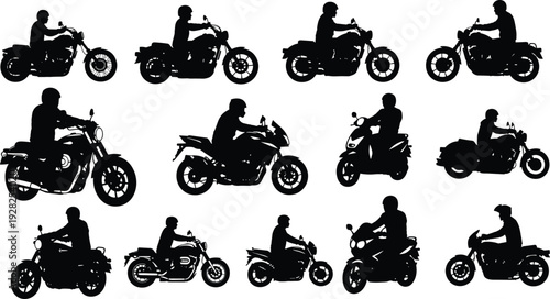 Motorcycle rider silhouettes collection, various motorbike types isolated vector illustration set featuring bikers on cruiser sport scooter bikes