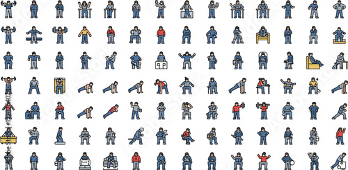 Collection of colorful miniature character icons featuring people exercising working and performing daily activities isolated on white background for web and app design