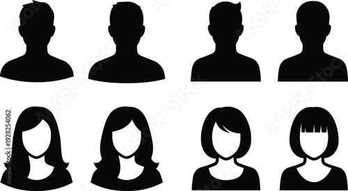 Black silhouette collection of male and female profile avatar icons isolated on white background for social media user interface and web design
