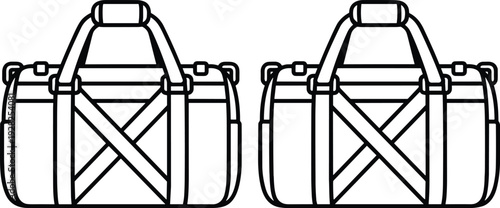 Travel duffel bag outline vector illustration, black and white luggage icon set isolated on white background for adventure and tourism design