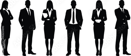 Business people silhouettes set, professional men and women in formal suits, corporate office team, management staff standing poses, black white vector illustration