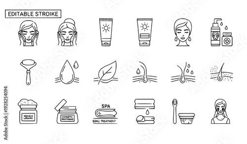 Beauty and Dermatology Thin Line Icons – Editable Stroke Skin Treatment Vector Collection