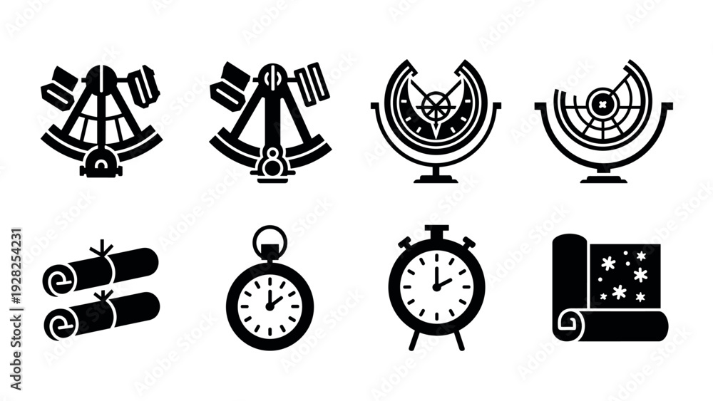 Fototapeta premium set of black silhouette navigation and time instrument icons including sextants watches scrolls and maps