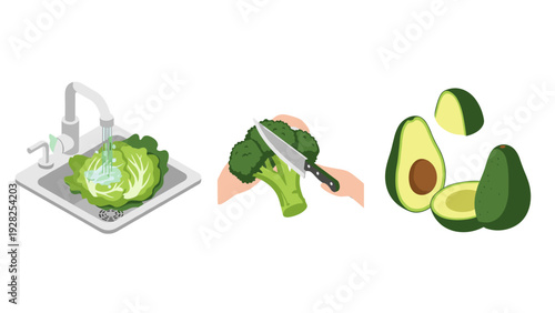 washing broccoli and cutting avocado hand drawn illustration set for healthy food preparation