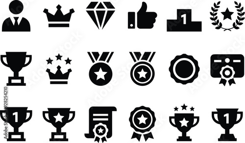 Award and achievement icons set, trophy cup, medal, crown, certificate, winner badge and success recognition vector illustration collection