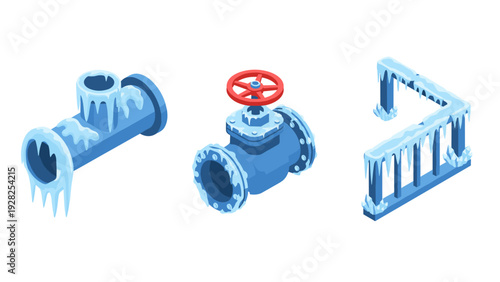 set of frozen industrial pipeline, valve and railing with ice buildup in isometric style for cold weather design