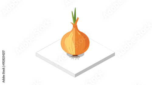 single whole onion bulb with green shoots flat digital illustration for food design