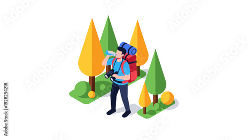 isometric hiker drinking water with backpack binoculars and autumn trees minimalist illustration