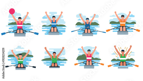 set of winning rowers celebrating in boat on water hand drawn colorful vector illustrations for sports and competition