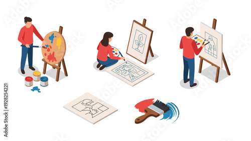 isometric people painting and drawing on easels and canvas with paintbrush and palette in colorful illustration set