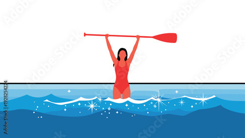 woman holding paddle over head in water with shiny waves flat vector illustration