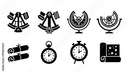 set of black silhouette navigation and time instrument icons including sextants watches scrolls and maps