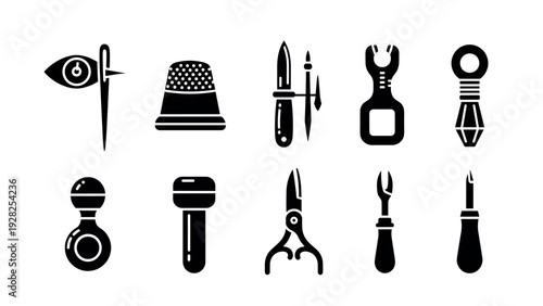 collection of black silhouette sewing tools icons in minimalist style