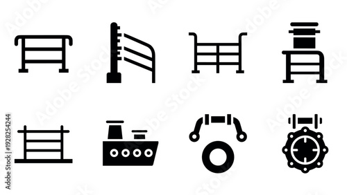 set of black silhouette harbor and dock fence icons with nautical boat and lifebuoy hand drawn style