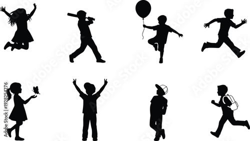 Children silhouettes playing and jumping set, kids running with balloon, baseball bat, school backpack, happy childhood activity, playful outdoor vector illustration