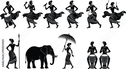 African tribal dancers silhouette set, traditional folk dance musicians with drums, cultural heritage celebration, ethnic costume performance, safari elephant, decorative vector illustration