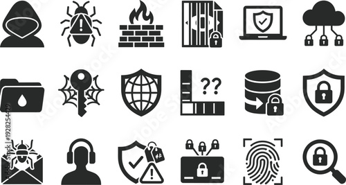 Cyber security and data protection icons set, firewall, encryption, malware detection, phishing alert, cloud security, privacy protection vector illustration collection