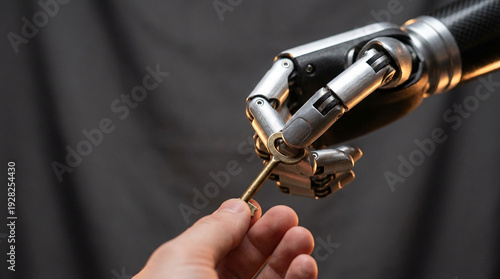 Robot hand receiving key from human hand in modern technology