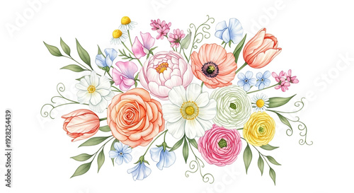 Floral bouquet illustration in whimsical style with pastel colors and soft lighting for wedding invitation