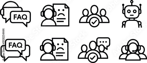 Customer support FAQ icons set, help desk assistance, chatbot and call center agents, user feedback, online service communication vector illustration