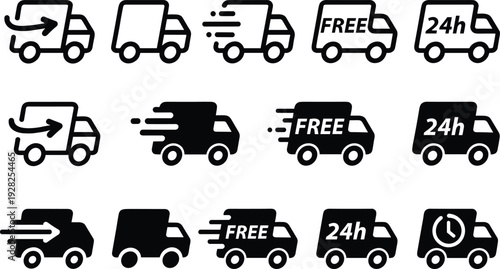 Delivery truck icons set, fast shipping, free delivery, 24h service, express courier transport vector illustration collection