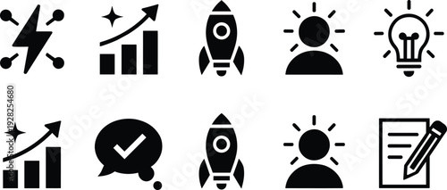 Startup and innovation icons set, rocket launch, business growth, creative idea, strategy planning, success achievement vector illustration collection