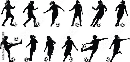 Black silhouette collection of female soccer players in various action poses like kicking and dribbling isolated on white background for sports designs