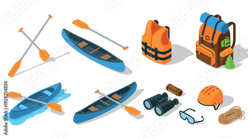 set of isometric camping and canoeing equipment with paddles life vest backpack binoculars and safety gear