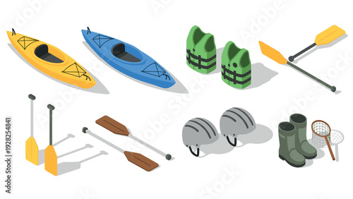 isometric kayaking equipment set with blue and yellow kayaks green life jackets paddles helmets boots and fishing nets hand drawn