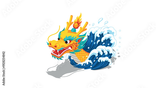 colorful Chinese dragon head with waves in hand drawn cartoon style