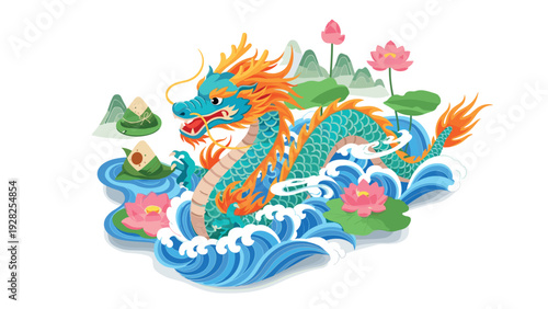 colorful dragon in blue waves with lotus flowers and mountain background hand drawn illustration