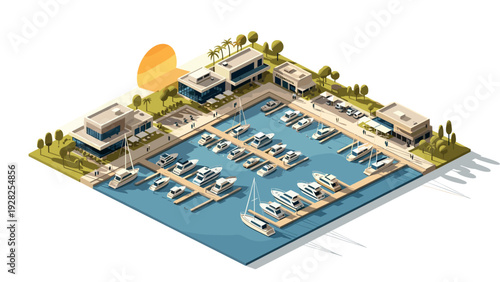 isometric view of a modern marina with yachts docks buildings and sunset in flat style