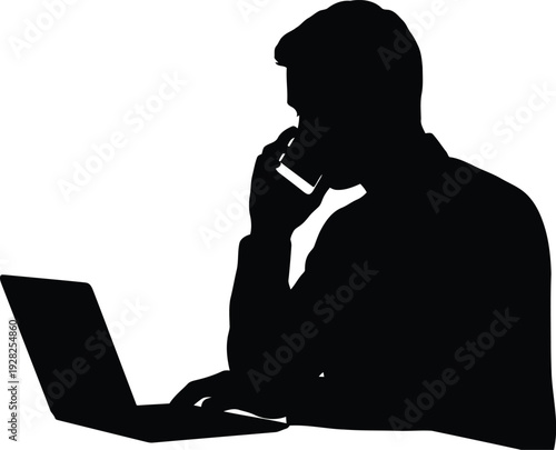 Silhouette of Businessman Working on Laptop and Talking on Smartphone Isolated on White Background