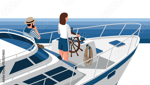 young woman steering yacht wheel with man sitting relaxing on boat deck modern flat style sea background