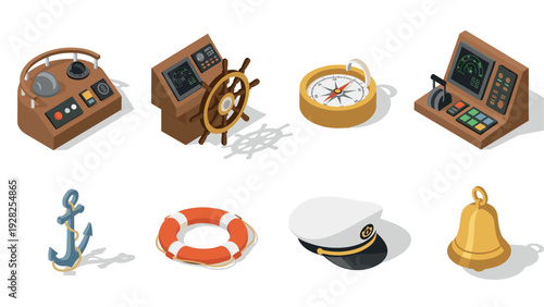 Isometric set of nautical ship equipment controls captain hat anchor bell lifebuoy compass hand drawn