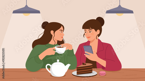 two women drinking tea at cafe table illustration isolated on white background, friendship conversation and social lifestyle concept