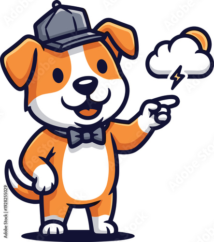   Cute cartoon dog weather reporter with bow tie pointing at thunderstorm cloud icon illustration
