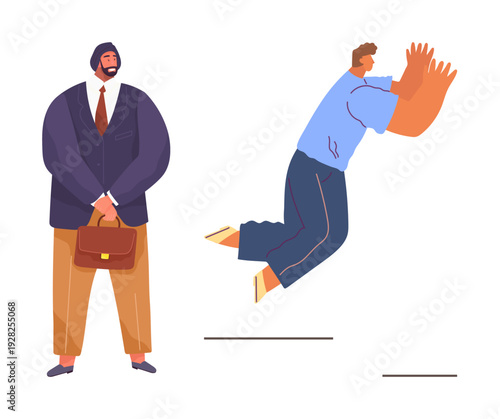 Business challenges, opportunity, uncertainty, risk-taking, career growth, leadership concepts. A businessman looks on while another man leaps mid-air. Business challenges and opportunity