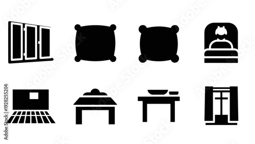set of black silhouette bedroom and workspace icons including wardrobe pillows bed laptop tables and window in minimalist style