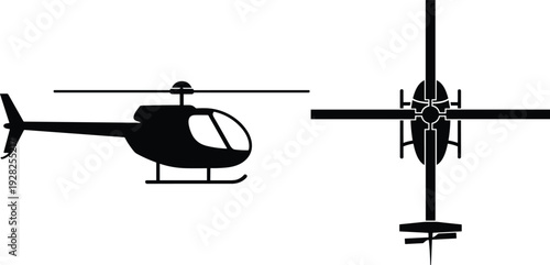 Helicopter silhouette side and top view set, rotary wing aircraft vector illustration, aviation transport chopper icon, black white isolated design