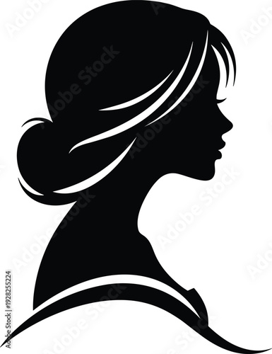 Black silhouette of a beautiful woman profile with elegant hair bun isolated on white background for beauty fashion and hair salon concepts