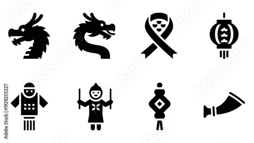 collection of black silhouette chinese dragon heads traditional culture lantern people and decorative ornament icons