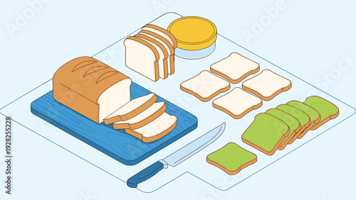 Assorted sliced bread types including white and whole grain options arranged with a whole loaf and a jar of spread in isometric style.