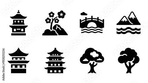 set of black silhouette icons of asian pagodas trees mountains bridge in minimalist style